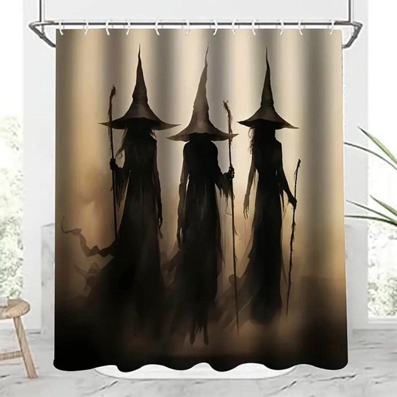 Gothic Halloween 3 Witches Shower Curtain Set with 12 Hooks Machine Washable - Picture 9 of 9